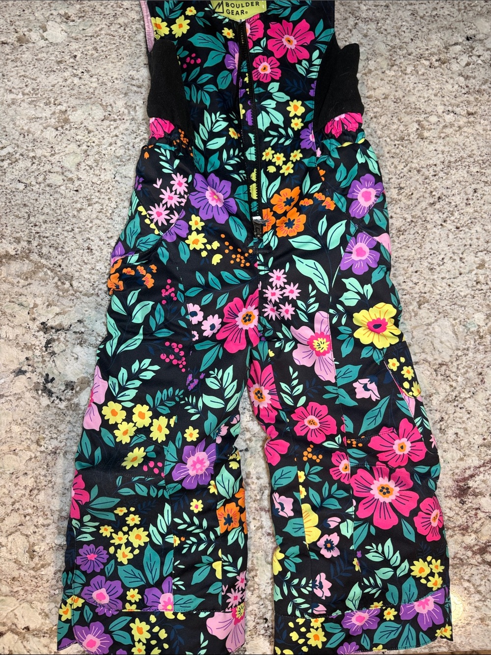 Girls' Floral Black Snow Overalls with Adjustable Straps